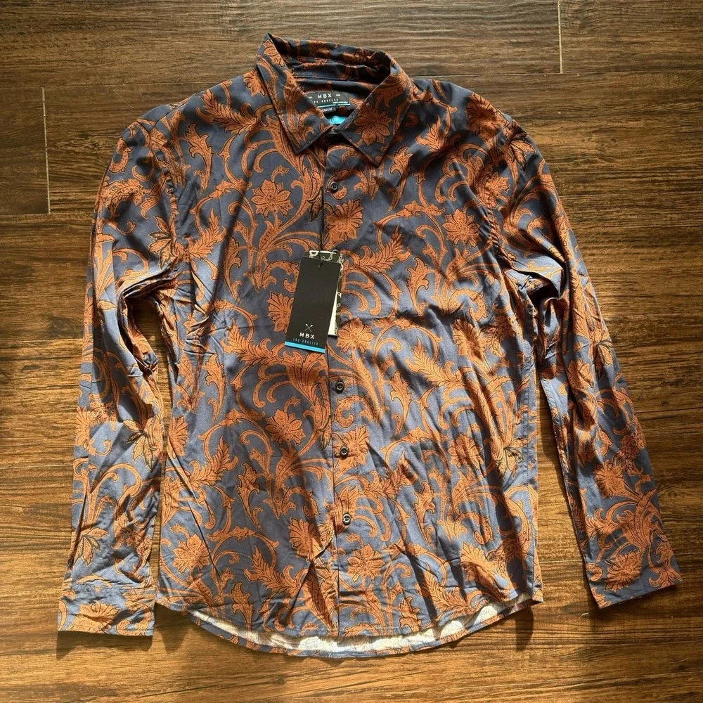 NWT MBX Men's Medium Western Floral Button Down Long Sleeve Shirt Stretch Rayon - Picture 2 of 6